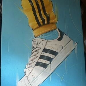 adidas White Sneaker Print with Black Stripes and Yellow Pant 11x14